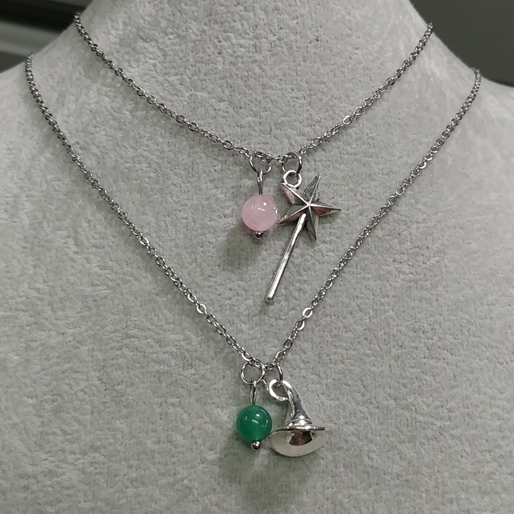 2pc Set Wand Witch Hat Charm Necklace Rose Quartz Green Aventurine Stainless